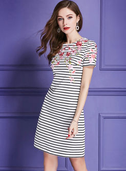 Casual Striped Embroidery A Line Dress