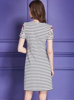 Casual Striped Embroidery A Line Dress