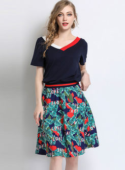 Stylish All-match T-shirt & Fashion Print Skirt