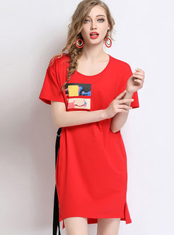 Red Print Cotton Split T-shirt Dress