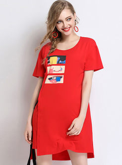 Red Print Cotton Split T-shirt Dress