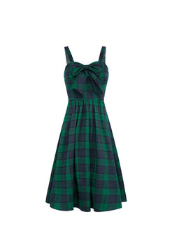 Vintage Grid Pattern Bowknot Midi Dress