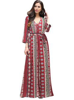 Ethnic Striped Print Split V-neck Maxi Dress