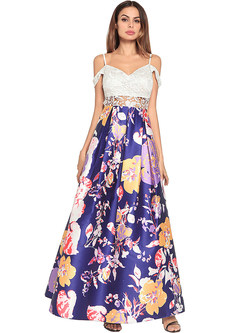 Sexy Lace Floral Print High Waist Maxi Dress
