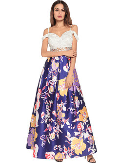Sexy Lace Floral Print High Waist Maxi Dress