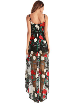 Party Flower Embroidery Asymmetric Hem Perspective Maxi Dress