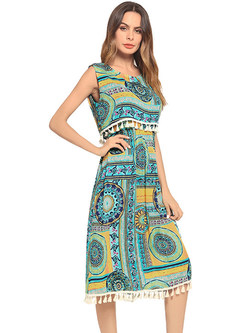 Ethnic Geometric Print Sleeveless Tassel Midi Dress