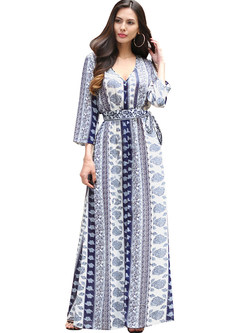 Ethnic Striped Print Split V-neck Maxi Dress
