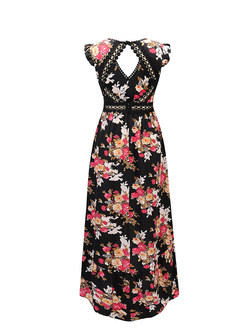 Bohemia Floral Print Asymmetric Hem V-neck Maxi Dress