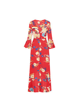 Beach Floral Print V-neck Flare Sleeve Asymmetric Hem Holiday Maxi Dress
