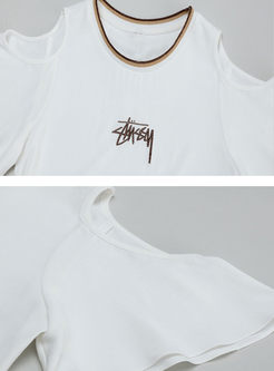 White Letter Embroidery Off The Shoulder T-shirt
