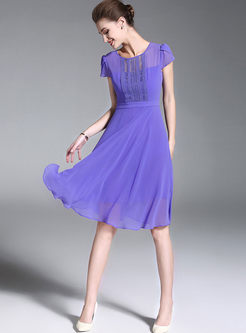 Casual Solid Color Lace Stitching Dress