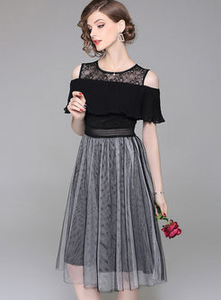 Black Lace Gauze Stitching Ruffle A Line Dress