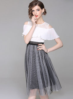 White Lace Gauze Stitching Ruffle A Line Dress