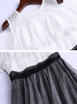 White Lace Gauze Stitching Ruffle A Line Dress