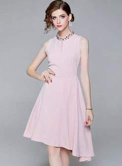 Pink Asymmetric Sleeveless Waist A Line Dress
