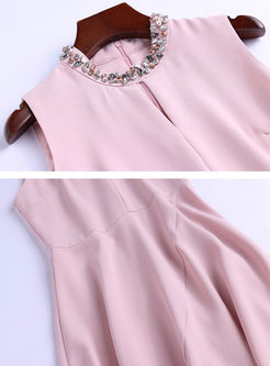 Pink Asymmetric Sleeveless Waist A Line Dress
