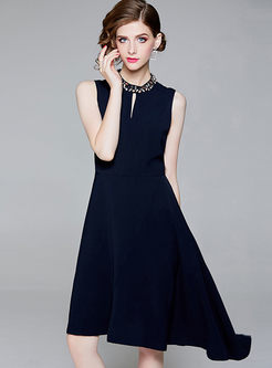 Blue Asymmetric Sleeveless Waist A Line Dress
