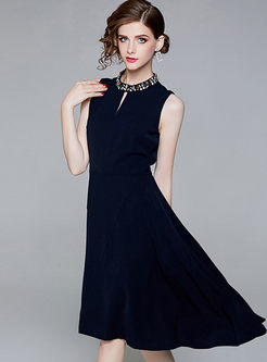 Blue Asymmetric Sleeveless Waist A Line Dress