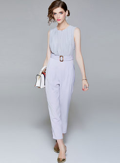 Grey Brief Sleeveless Belted Straight Jumpsuit