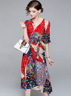 Stylish V-neck Print A Line Dress