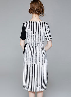 Brief Waist Striped Bowknot Split Dress