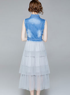 Stylish Denim Gauze Stitching Sleeveless Layered Dress