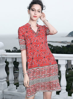 Casual Silk Print V-neck Split Dress