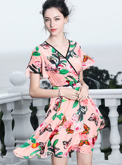 Fashion Print Silk High Waist Big Hem Dress