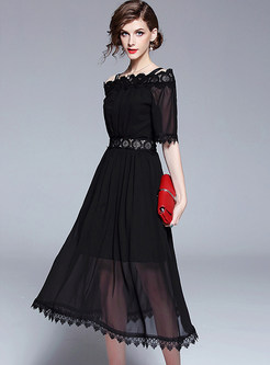 Black Slash Neck Lace Chiffon Dress