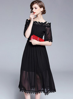 Black Slash Neck Lace Chiffon Dress
