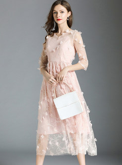 Pink Stereoscopic Flower Embroidery Chiffon Dress
