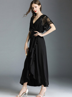 Black V-neck Sequin Asymmetric Maxi Dress