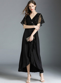 Black V-neck Sequin Asymmetric Maxi Dress