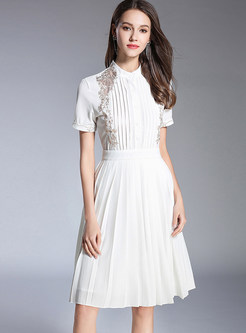 White Stand Collar Embroidery A Line Dress