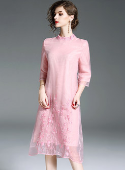 Pink Loose Embroidery Shift Dress
