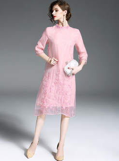 Pink Loose Embroidery Shift Dress