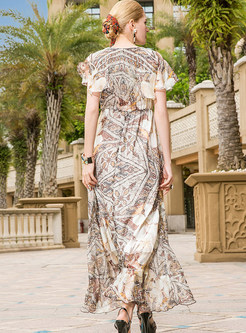 Ethnic Print V-neck Asymmetric Maxi Dress