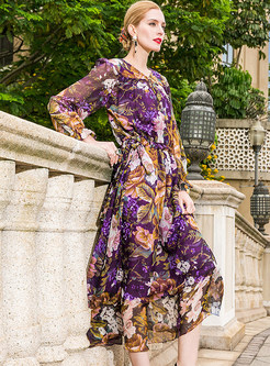 Silk Floral Print Waist Maxi Dress