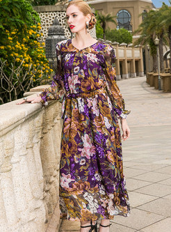 Silk Floral Print Waist Maxi Dress