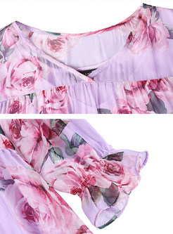 Sweet Flower Print Long Sleeve Midi Dress