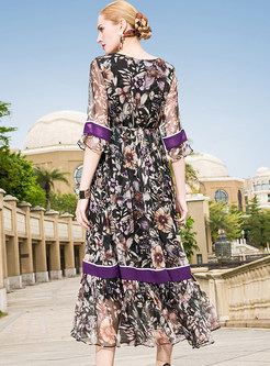 Silk Floral Print High Waist Maxi Dress