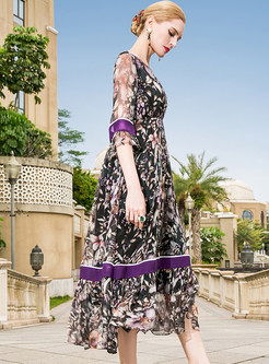 Silk Floral Print High Waist Maxi Dress