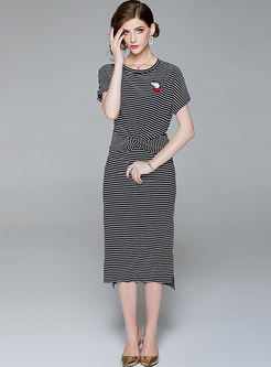 Casual Striped Waist Asymmetric Midi Dress