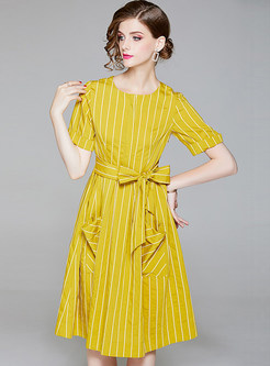 Yellow Vertical Striped Midi Dress