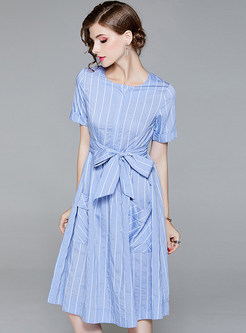 Blue Brief Bowknot Belted Midi Dress