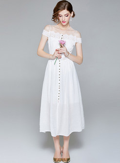 White Hollow Out Neck Skater Dress