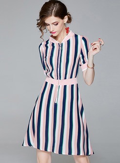 Hit Color Vertical Striped A Line Dress
