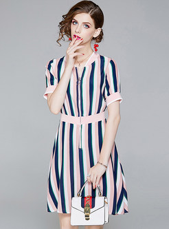 Hit Color Vertical Striped A Line Dress