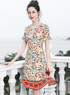 Floral Print Silk Falbala A Line Dress